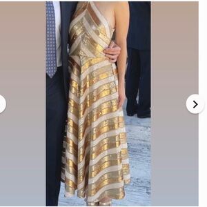 Elegant Gold and Cream Striped Midi Dress